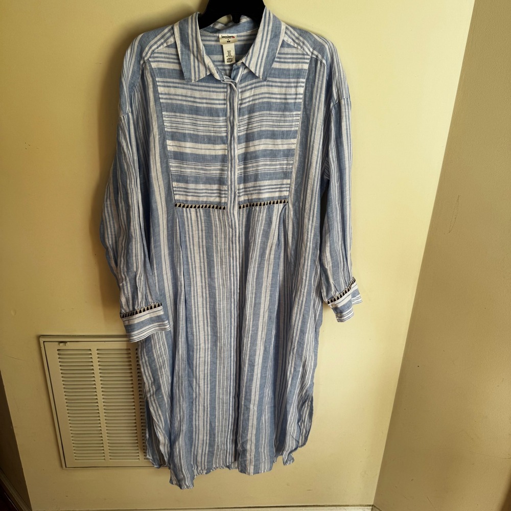 lemlem x H&M Striped‎ Linen Shirt Dress Womens Blue size Medium Embroidered Trim